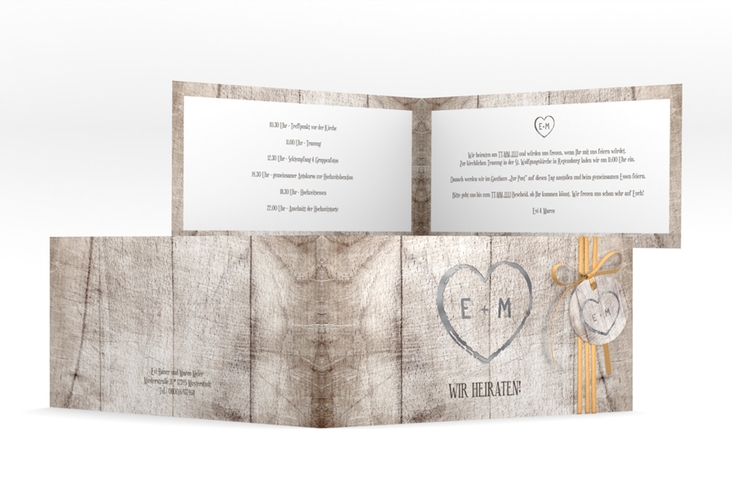Hochzeitseinladung Wood lange Klappkarte quer weiss silber