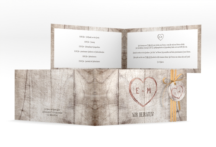 Hochzeitseinladung Wood lange Klappkarte quer weiss rosegold