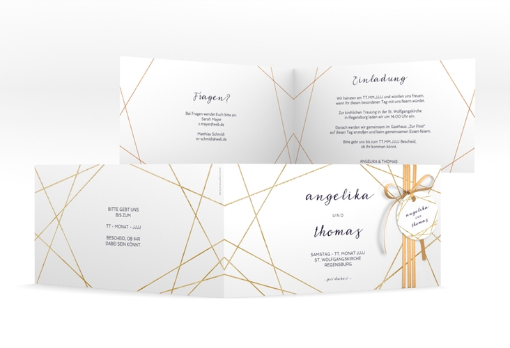 Hochzeitseinladung Asymmetry lange Klappkarte quer weiss gold