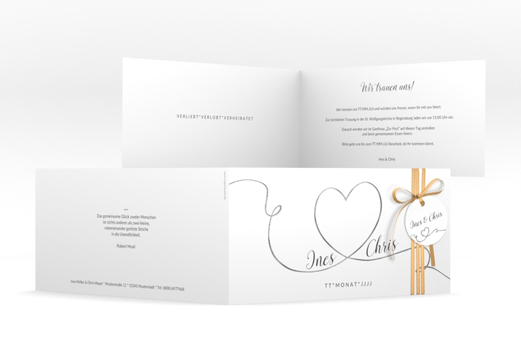 Hochzeitseinladung Dolce lange Klappkarte quer weiss silber