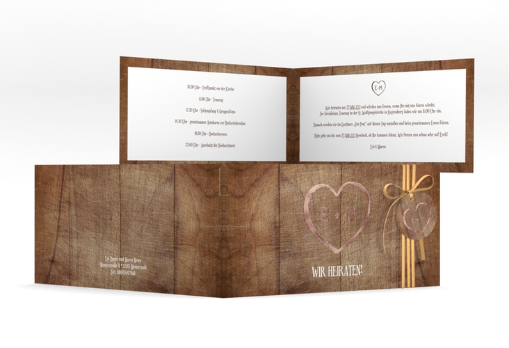 Hochzeitseinladung Wood lange Klappkarte quer braun rosegold