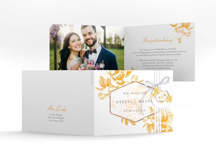 Einladungskarte Hochzeit Magnificent A6 Klappkarte quer gelb rosegold