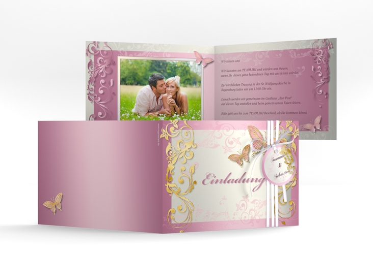 Hochzeitseinladung Toulouse A6 Klappkarte quer rosa gold mit Schmetterlingen und Schnörkeln