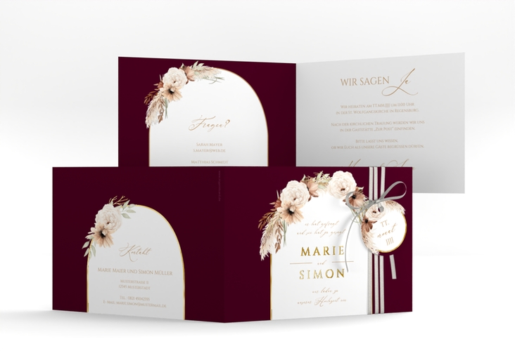 Hochzeitseinladung Blumenbogen A6 Klappkarte quer rot gold