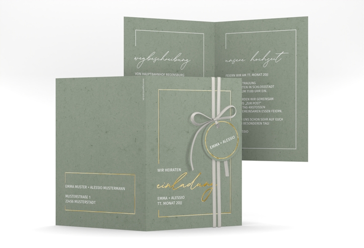 Einladungskarte Hochzeit Simple Line A6 Klappkarte hoch gruen gold