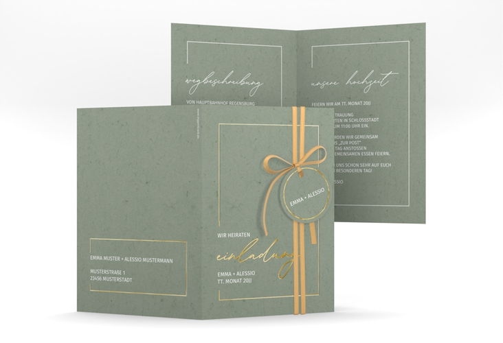 Einladungskarte Hochzeit Simple Line A6 Klappkarte hoch gruen gold