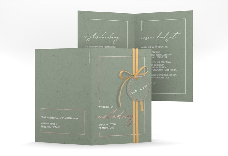 Einladungskarte Hochzeit Simple Line A6 Klappkarte hoch gruen rosegold