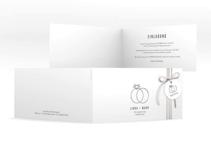 Hochzeitseinladung Rings lange Klappkarte quer weiss silber