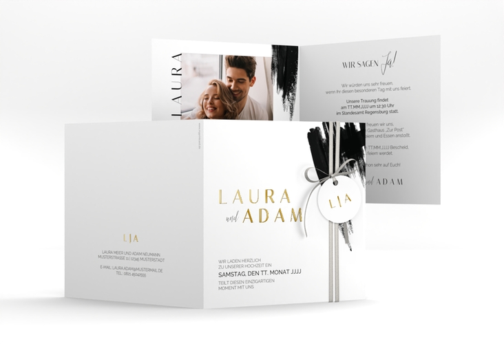 Hochzeitseinladung Brush quadr. Klappkarte schwarz gold