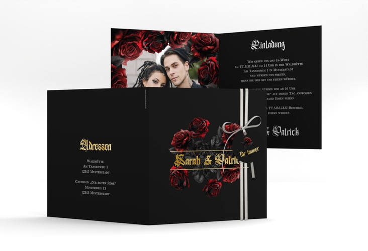 Hochzeitseinladung Gothic Rose quadr. Klappkarte schwarz gold