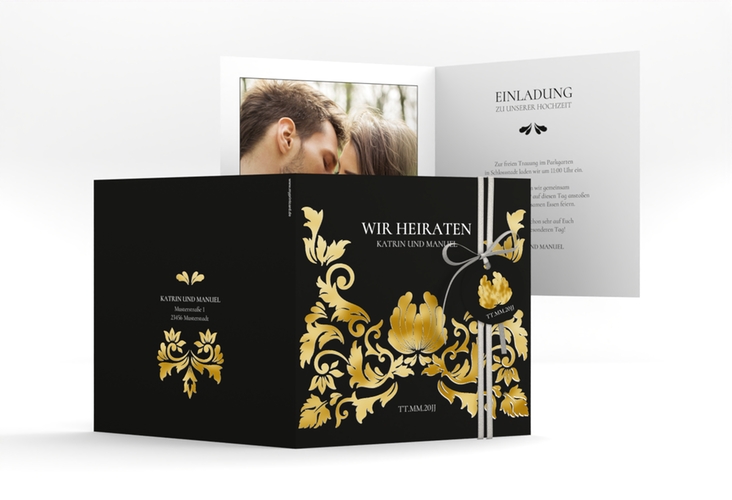 Hochzeitseinladung Royal quadr. Klappkarte schwarz gold mit barockem Blumen-Ornament