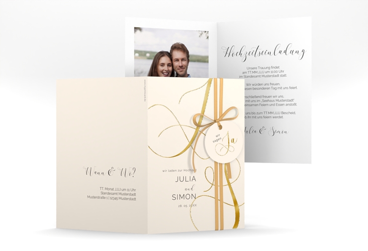 Hochzeitseinladung Eheschließung A6 Klappkarte hoch beige gold mit Gräsern und Trockenblumen für Boho-Hochzeit