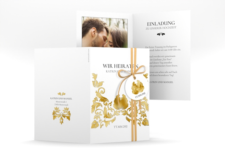 Einladungskarte Hochzeit Royal A6 Klappkarte hoch weiss gold mit barockem Blumen-Ornament