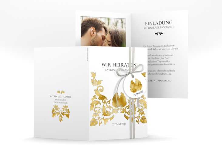 Einladungskarte Hochzeit Royal A6 Klappkarte hoch weiss gold mit barockem Blumen-Ornament