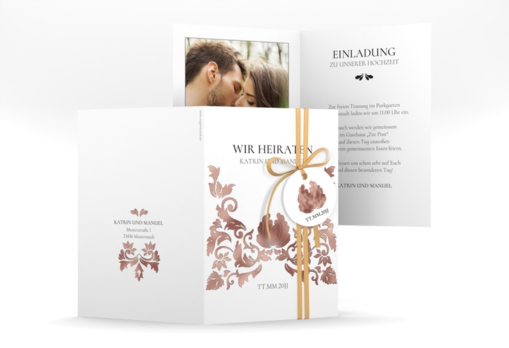 Einladungskarte Hochzeit Royal A6 Klappkarte hoch weiss rosegold mit barockem Blumen-Ornament