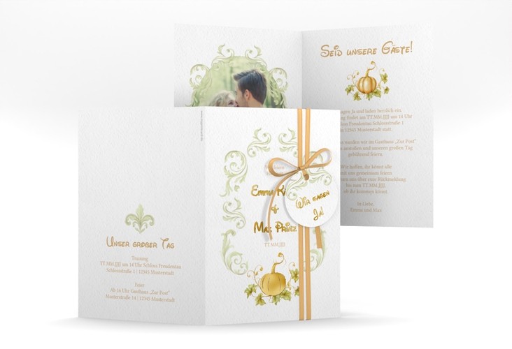 Einladungskarte Hochzeit Märchenhaft A6 Klappkarte hoch gruen gold