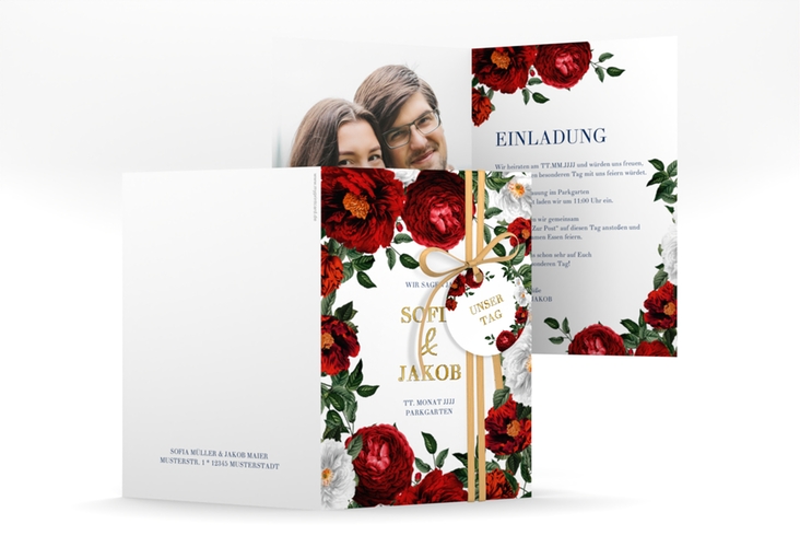 Einladungskarte Hochzeit Florista A6 Klappkarte hoch weiss gold