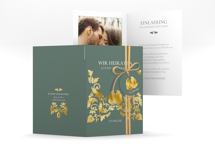Einladungskarte Hochzeit Royal A6 Klappkarte hoch gruen gold mit barockem Blumen-Ornament