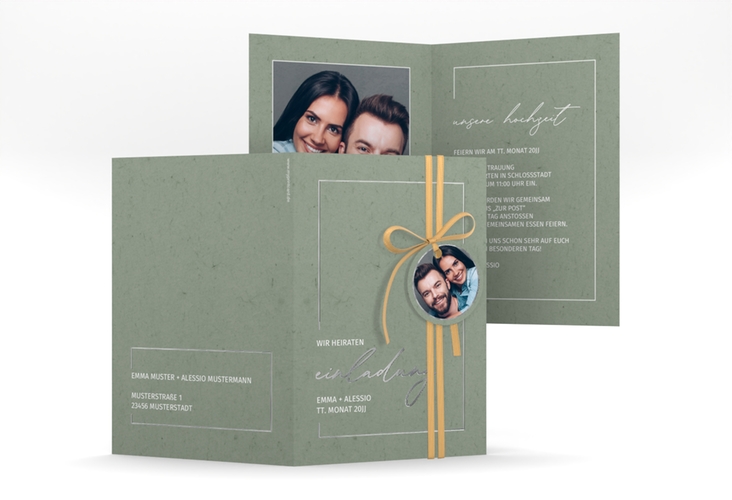 Einladungskarte Hochzeit Simple Line A6 Klappkarte hoch gruen silber