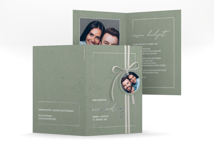 Einladungskarte Hochzeit Simple Line A6 Klappkarte hoch gruen silber