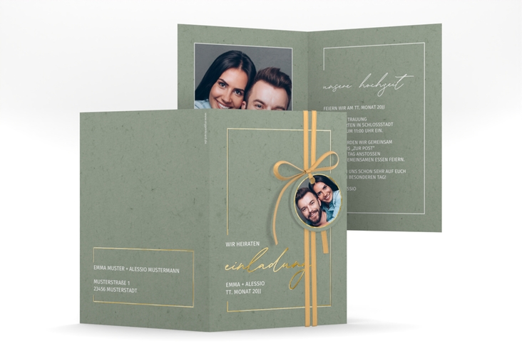 Einladungskarte Hochzeit Simple Line A6 Klappkarte hoch gruen gold