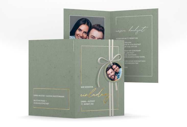 Einladungskarte Hochzeit Simple Line A6 Klappkarte hoch gruen gold