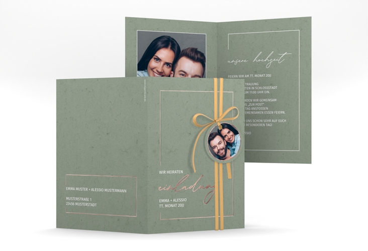 Einladungskarte Hochzeit Simple Line A6 Klappkarte hoch gruen rosegold