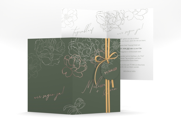 Einladungskarte Hochzeit Pfingstrosen A6 Klappkarte hoch gruen rosegold
