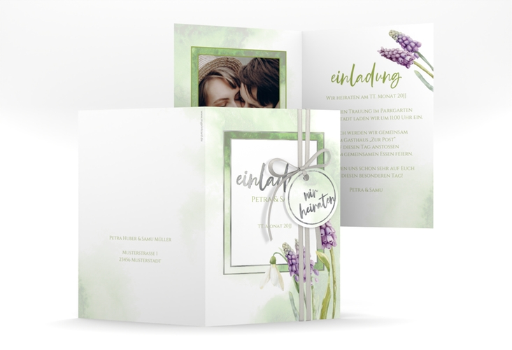 Einladungskarte Hochzeit Frühling A6 Klappkarte hoch gruen silber mit Frühlingsblumen in Aquarell