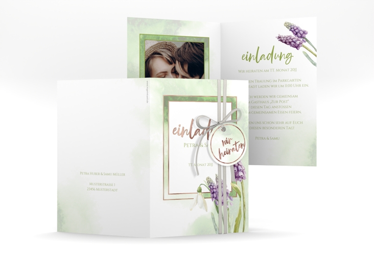 Einladungskarte Hochzeit Frühling A6 Klappkarte hoch gruen rosegold mit Frühlingsblumen in Aquarell