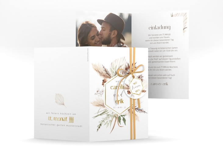 Einladungskarte Hochzeit Bohemian A6 Klappkarte hoch weiss gold mit Gräsern und Trockenblumen für Boho-Hochzeit