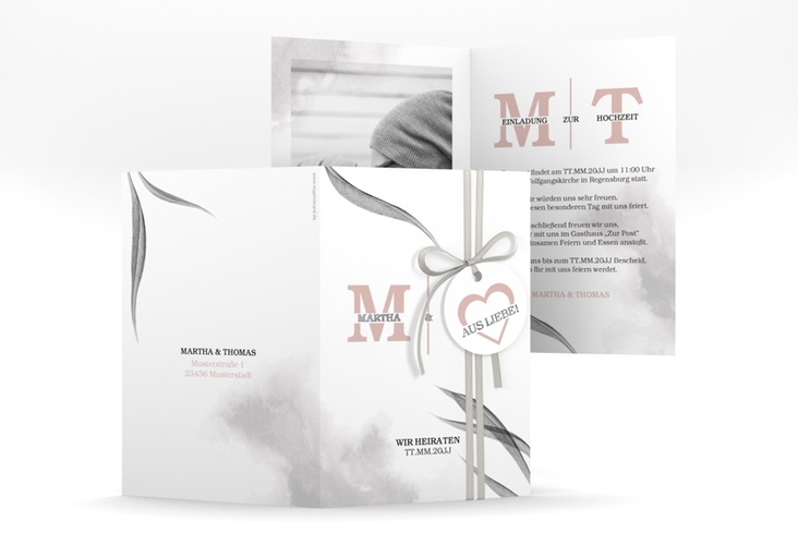 Einladungskarte Hochzeit Initialen A6 Klappkarte hoch weiss silber