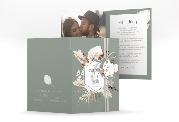 Einladungskarte Hochzeit Bohemian A6 Klappkarte hoch gruen silber mit Gräsern und Trockenblumen für Boho-Hochzeit