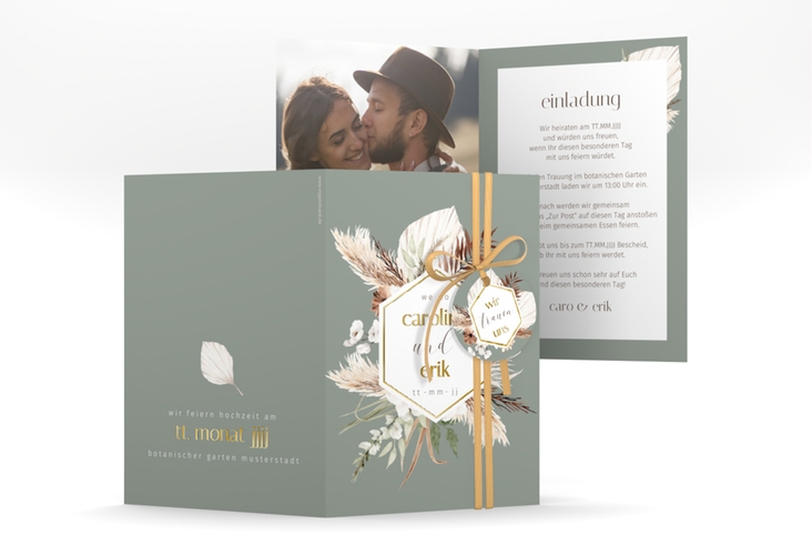 Einladungskarte Hochzeit Bohemian A6 Klappkarte hoch gruen gold mit Gräsern und Trockenblumen für Boho-Hochzeit