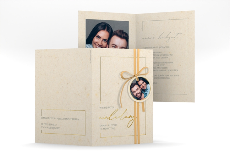Einladungskarte Hochzeit Simple Line A6 Klappkarte hoch beige gold