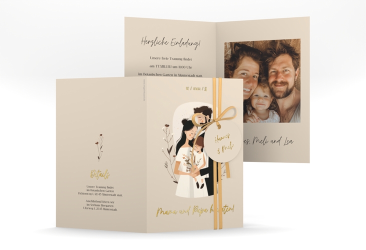 Einladungskarte Hochzeit Familienglück A6 Klappkarte hoch beige gold