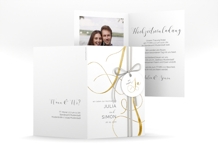 Hochzeitseinladung Eheschließung A6 Klappkarte hoch weiss gold mit Gräsern und Trockenblumen für Boho-Hochzeit