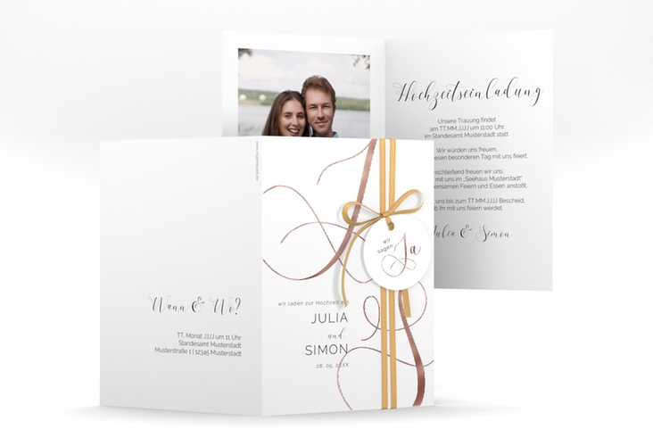 Hochzeitseinladung Eheschließung A6 Klappkarte hoch weiss rosegold mit Gräsern und Trockenblumen für Boho-Hochzeit