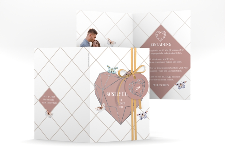 Einladungskarte Hochzeit Butterfly A6 Klappkarte hoch weiss silber mit Schmetterlingen und Herz im Geometric Design