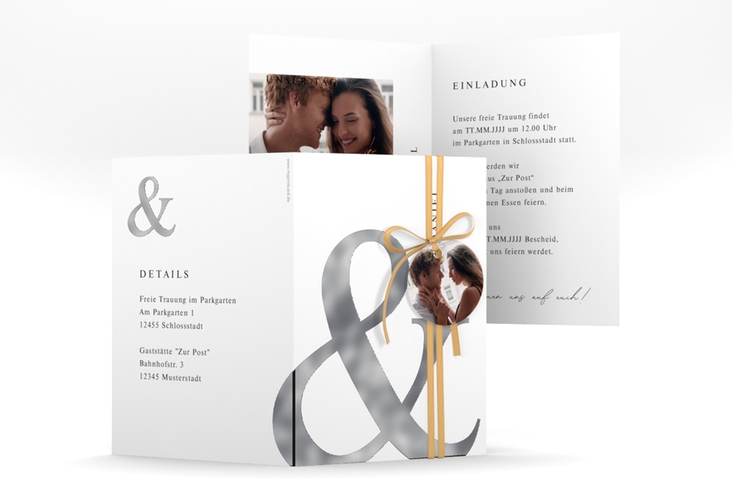 Einladungskarte Hochzeit And A6 Klappkarte hoch weiss silber