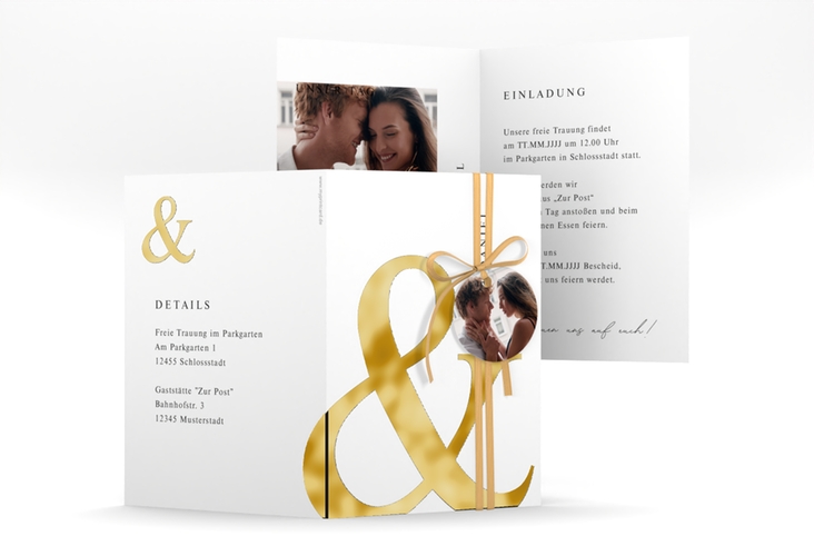 Einladungskarte Hochzeit And A6 Klappkarte hoch weiss gold