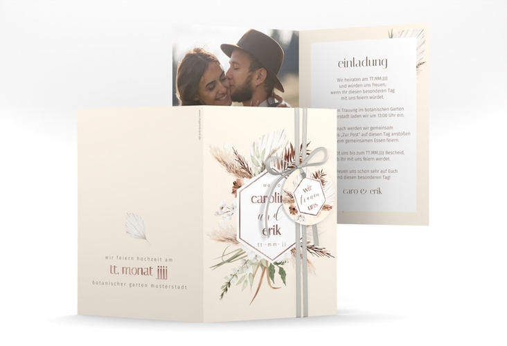 Einladungskarte Hochzeit Bohemian A6 Klappkarte hoch beige rosegold mit Gräsern und Trockenblumen für Boho-Hochzeit
