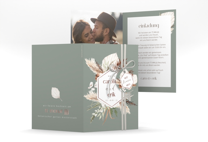 Einladungskarte Hochzeit Bohemian A6 Klappkarte hoch gruen rosegold mit Gräsern und Trockenblumen für Boho-Hochzeit