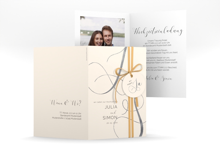 Hochzeitseinladung Eheschließung A6 Klappkarte hoch beige silber mit Gräsern und Trockenblumen für Boho-Hochzeit