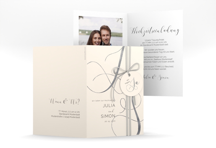 Hochzeitseinladung Eheschließung A6 Klappkarte hoch beige silber mit Gräsern und Trockenblumen für Boho-Hochzeit