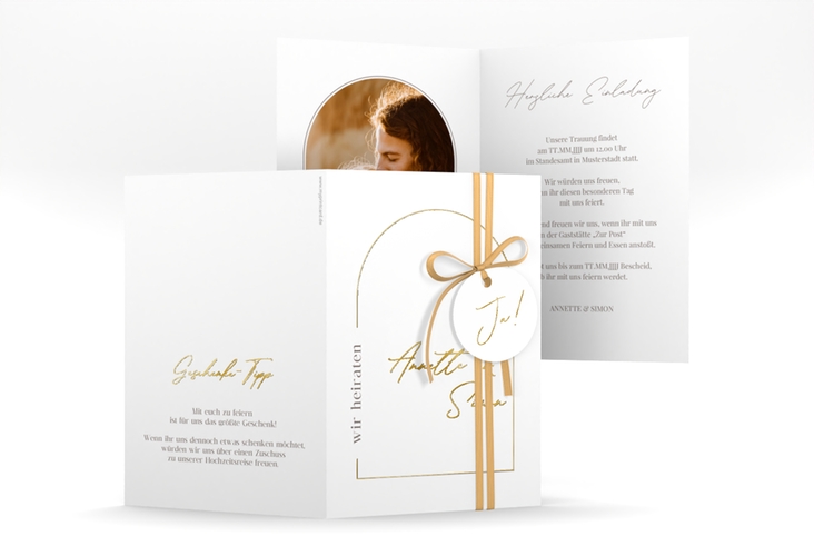 Einladungskarte Hochzeit Rundung A6 Klappkarte hoch weiss gold