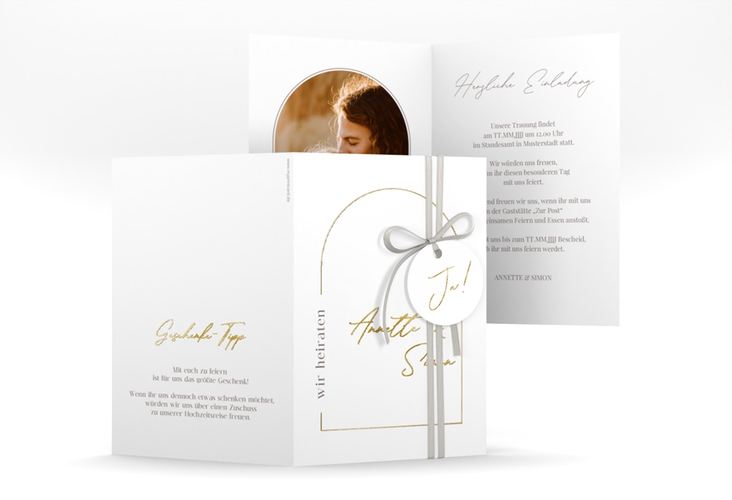 Einladungskarte Hochzeit Rundung A6 Klappkarte hoch weiss gold