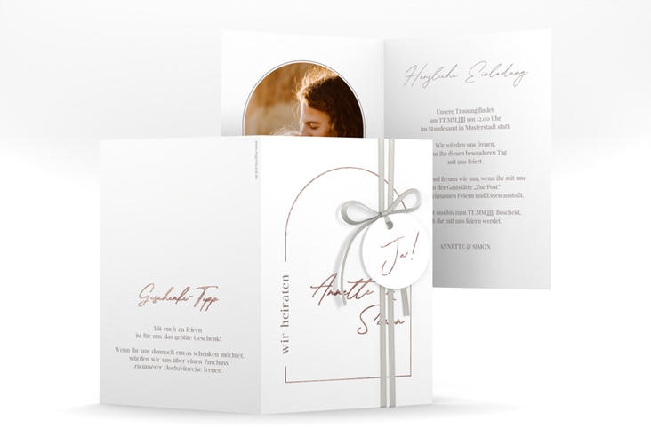 Einladungskarte Hochzeit Rundung A6 Klappkarte hoch weiss rosegold