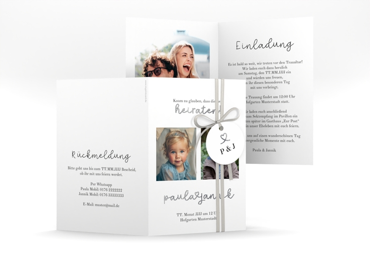 Einladungskarte Hochzeit Kindheitsfotos A6 Klappkarte hoch weiss silber