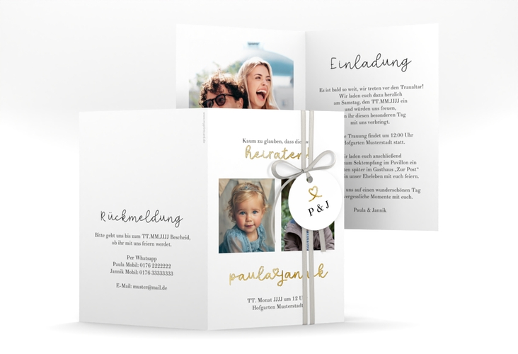 Einladungskarte Hochzeit Kindheitsfotos A6 Klappkarte hoch weiss gold